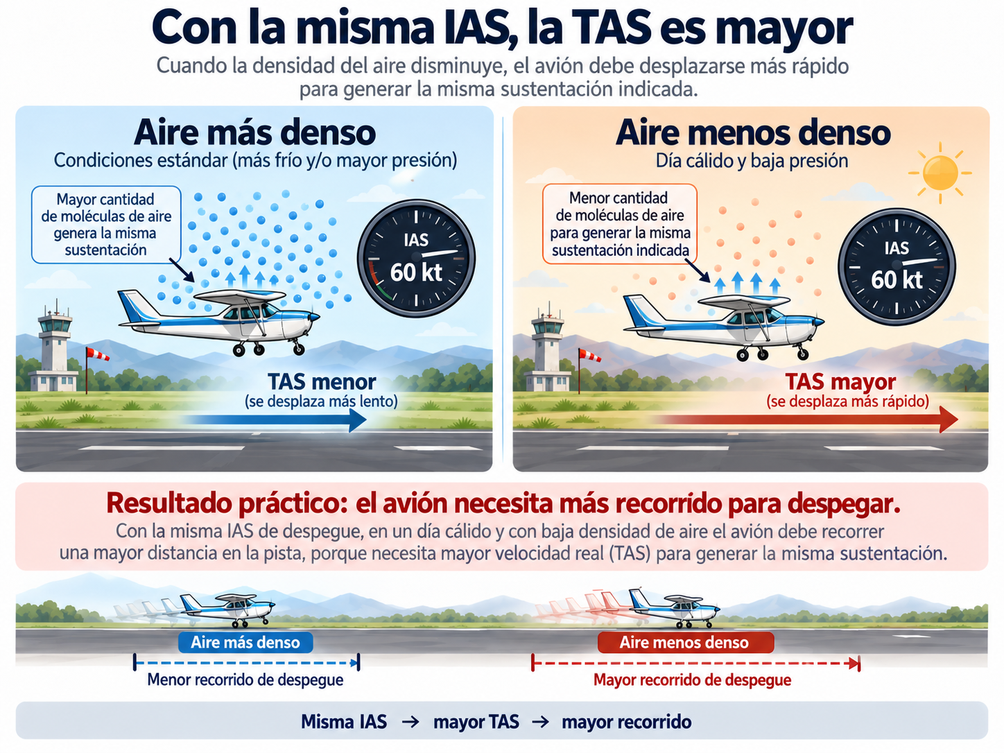 Altitud de densidad: con la misma IAS, la TAS es mayor con aire menos denso