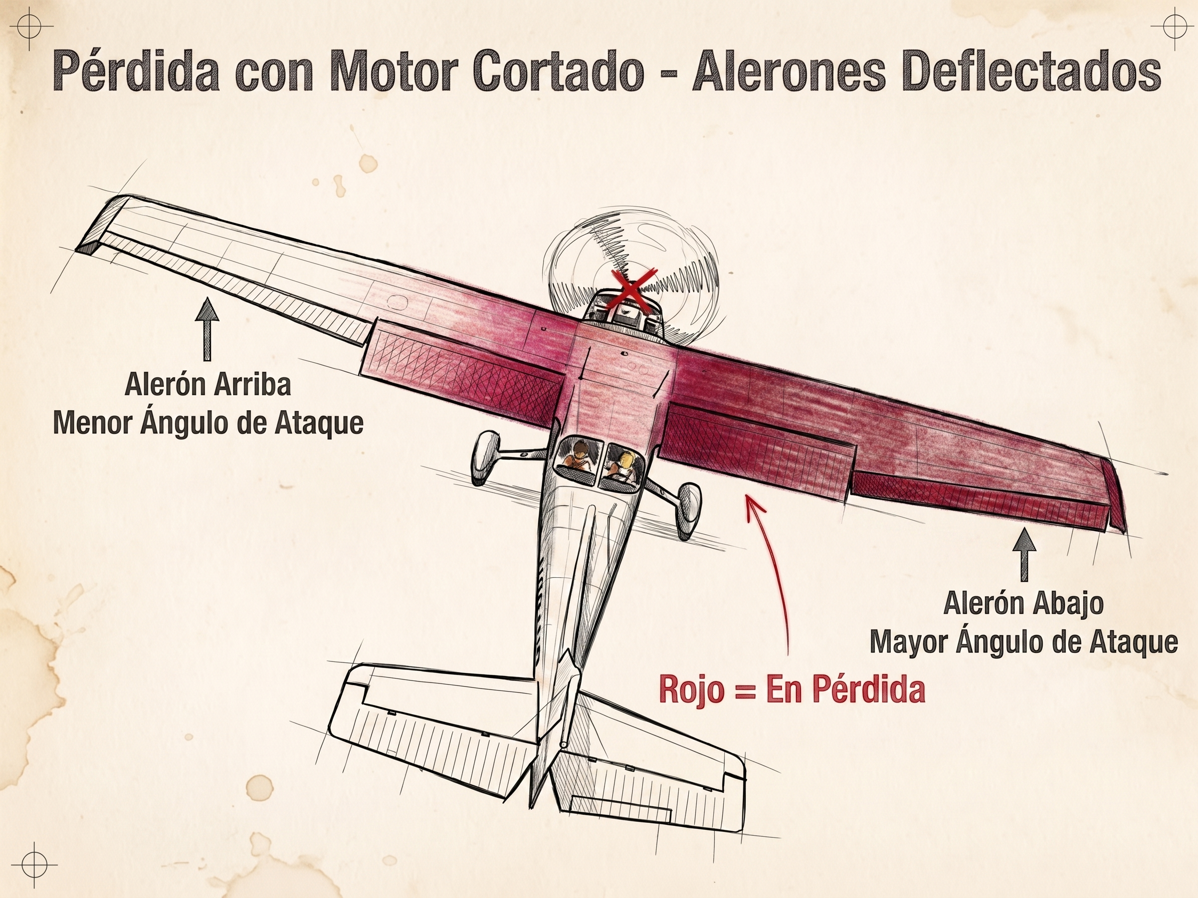 Alabear en una pérdida (stall): pérdida con motor cortado y alerones deflectados, el alerón abajo aumenta el ángulo de ataque